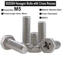 10pcs5pcs m5 sus304 stainless steel hexagon bolts with cross recess phillips screw thread length 8mm 60mm gb29 2