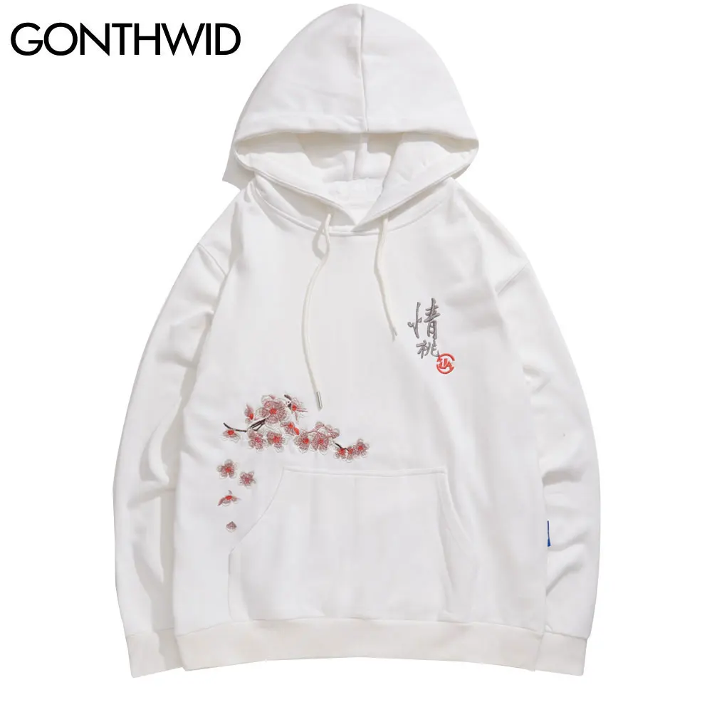 

GONTHWID Embroidery Chinese Character Cherry Blossoms Flowers Hoodies Sweatshirts Streetwear 2020 Harajuku Hip Hop Casual Tops