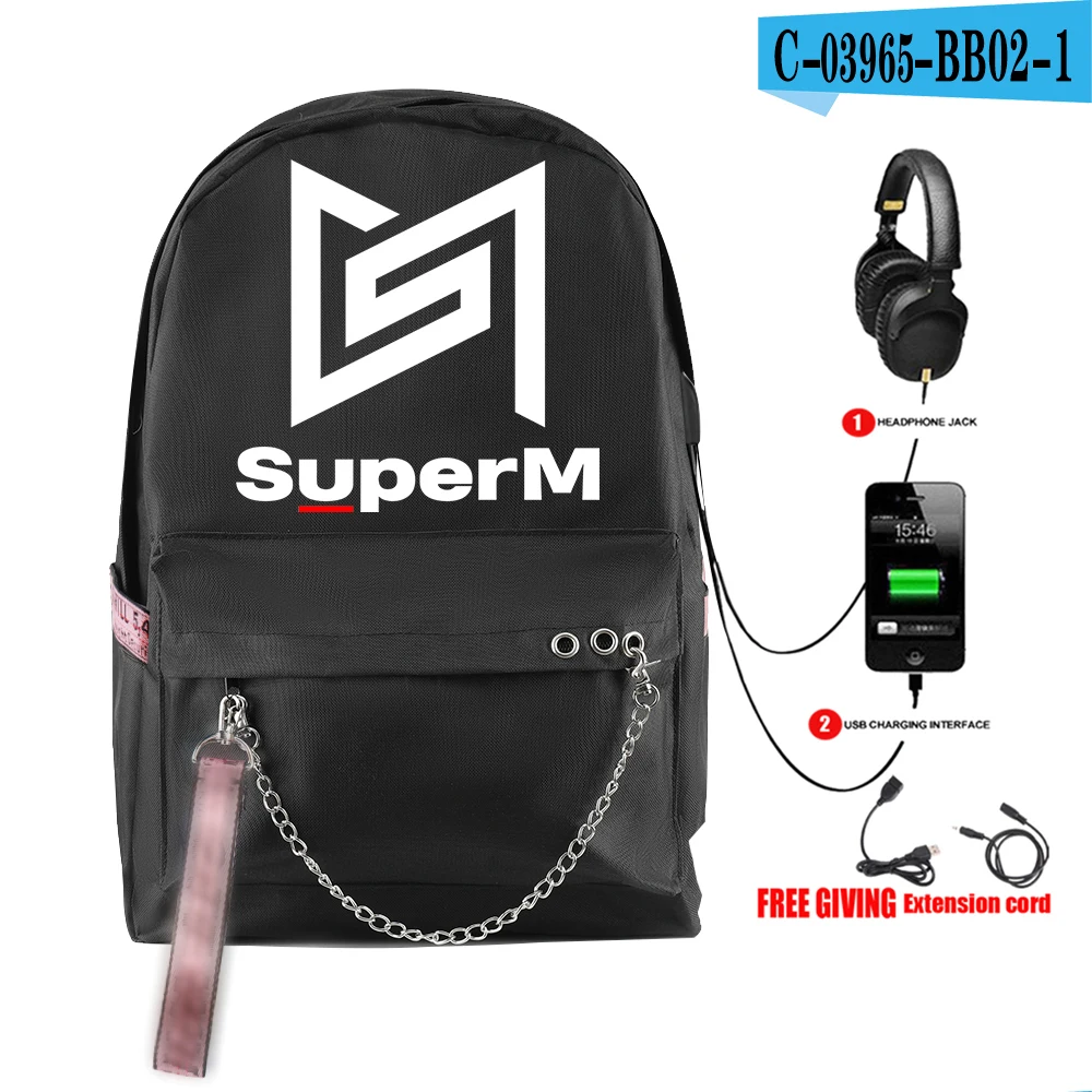 SuperM рюкзак KPOP крутой логотип команды стильный с подвесным орнаментом с USB молнией модный рюкзак для путешествий - Цвет: BB02