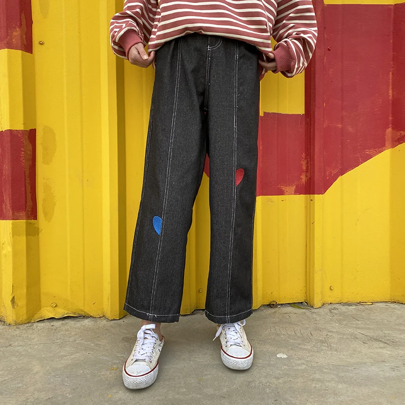 Harajuku Preppy Style Women Jeans Full Length Black Denim Straight Pants For Teenage Girls Ladies Trousers Hit Color |