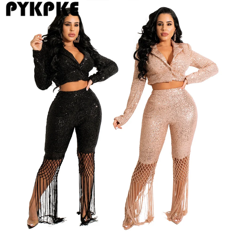 

Winter Women Sets Sequin Full Sleeve Jacket Tops+Tassel Pants Suit Two Piece Set Sexy Night Club Party Outfits