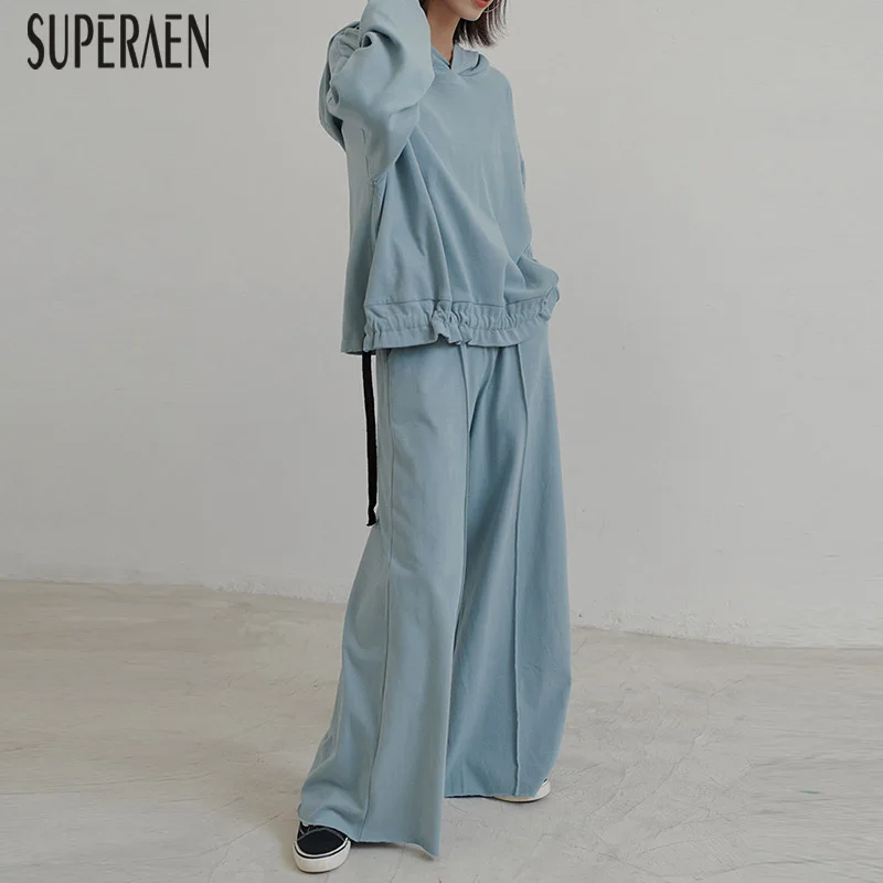 SuperAen/осенние модные женские комплекты Новые однотонные толстовки с капюшоном дикие толстовки женский эластичный пояс широкие брюки из двух предметов