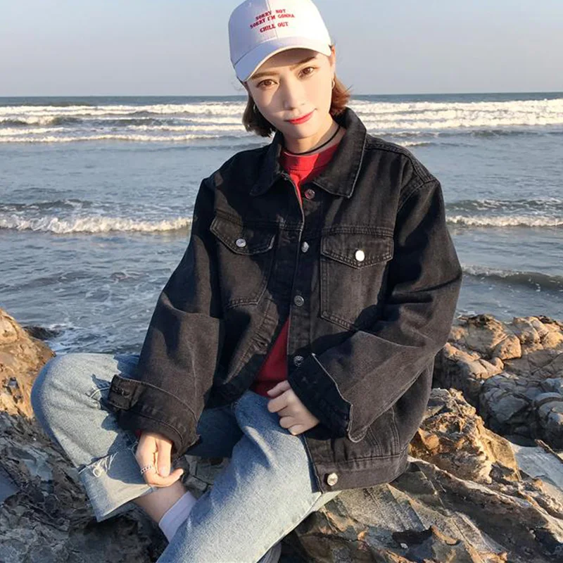 Весна лето осень длинный рукав свободное женское черное базовое пальто