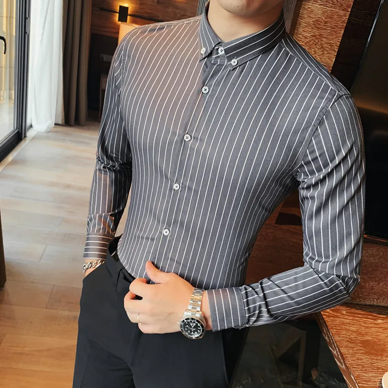 

High Quality Korean Slim Fit Long Sleeve Striped Shirts for Men Clothing 2020 Business Formal Wear Casual Office Blouse Homme