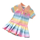 Летнее платье-поло с короткими рукавами и принтом кролика в радужную полоску для От 2 до 7 лет, милая детская одежда для девочек