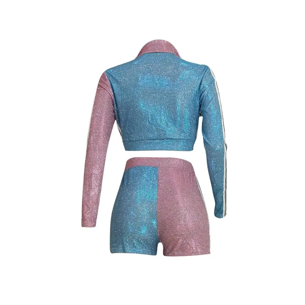

Adogirl Color Patchwork Shining 2 Piece Set With Zipper Fashion V Neck Straps Long Sleeve Crop Top Skinny Shorts Tracksuit