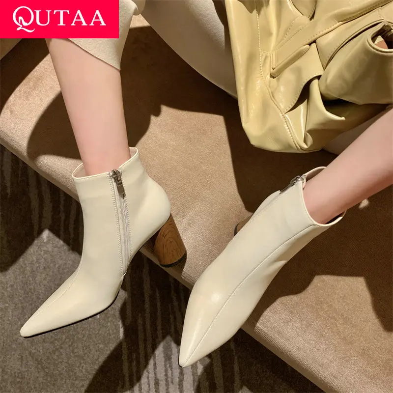 

QUTAA 2022 Retro Pointed Toe Ankle Boots Genuine Leather Zipper Women Shoes Autumn Winter Square Heel Short Boots Size 34-39