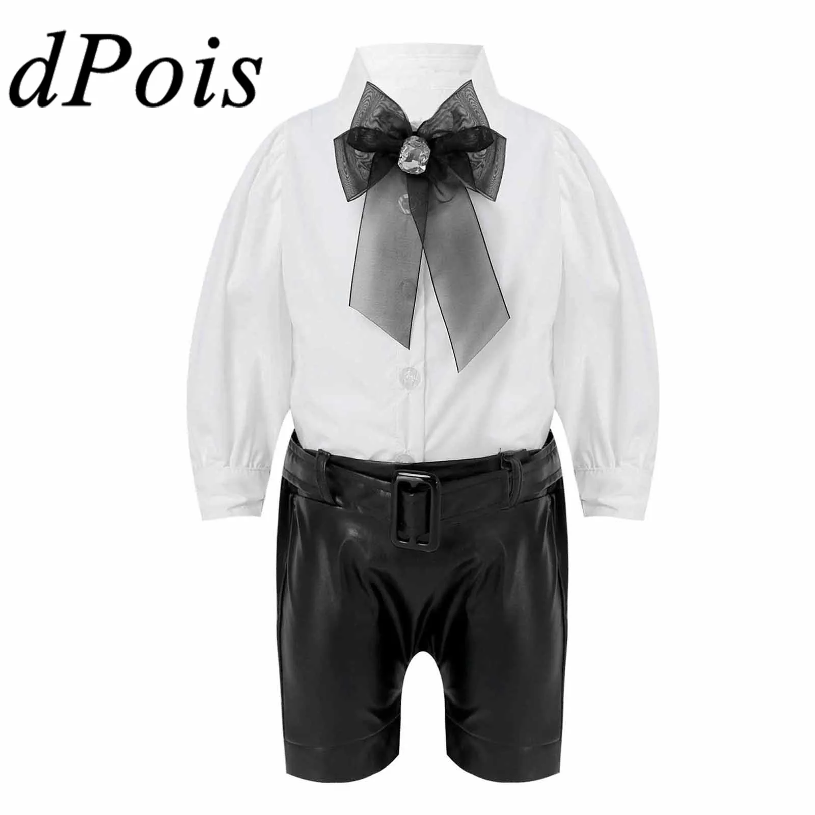 

Модные вечерние костюмы для девочек, белая рубашка с бантом и рукавами-фонариками, эластичный пояс, шорты из искусственной кожи, комплект де...