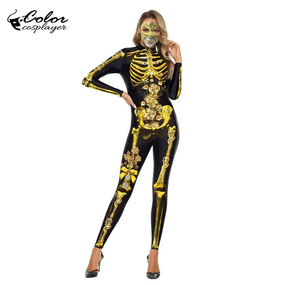 

Color Cosplayer Gold Skeleton Costume Women Purim Cosplay Crystal Cadre Bodysuit Party Custome Clothing Long Sleeve Onesies