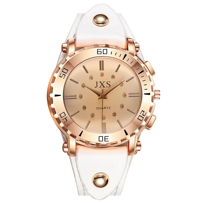 

Nice PopGear Side Diamond Nail Double Circle Engraved Ladies Love Leather Watch Casual Fashion Trend Quartz Ladies Watch