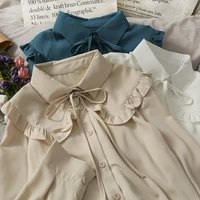 vintage sweet white shirt women korean lace up peter pan collar blouses spring autumn elegant office work long sleeve ladies top