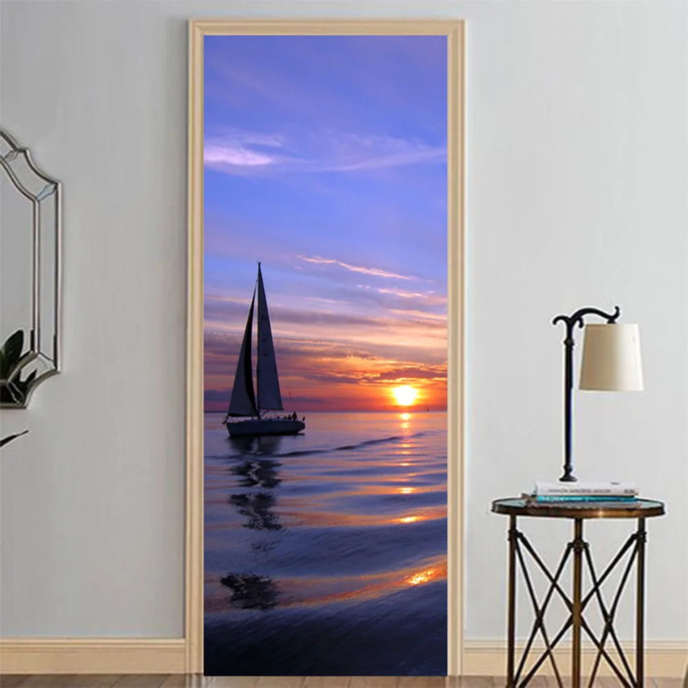 ПВХ наклейки на дверь с изображением морского восхода и корабля|Дверные