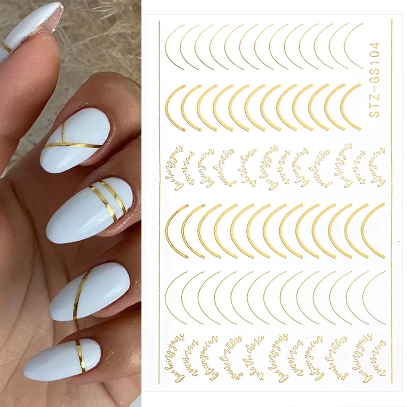 

3D наклейки для ногтей с золотыми линиями, фольга, розовое золото, изогнутые полоски, наклейки, клейкие слайдеры, самодельные наклейки, украш...