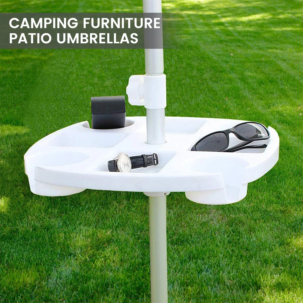 

17 inch Beach Umbrella Table Tray with 4 Cup Holders Snack Compartments Adjustable Plastic Beach Patio Umbrella Table Tray White