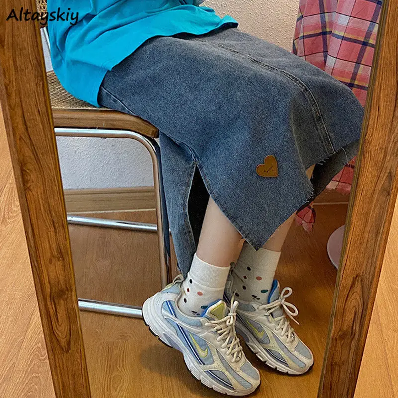 

Oversize Women Skirts All-match Fashion Solid High Waist Simple Denim Mid-calf Side-slit Pockets Streetwear Students Summer BF