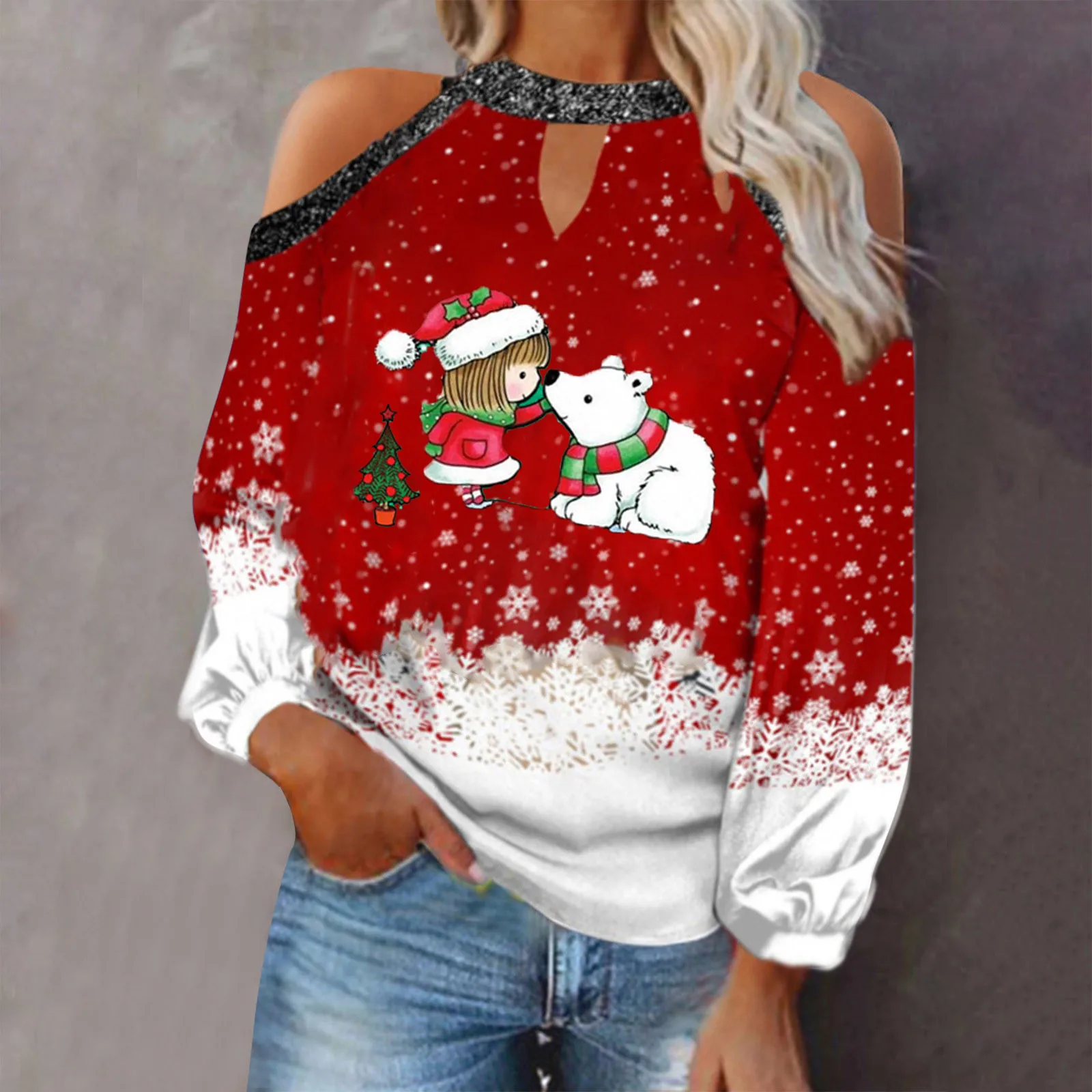 

New 2021christmas Clothes Women's Xmas Deer Printed Strapless Long Sleeve Top Soft Comfortable Thin Bottoming Shirt Camiseta