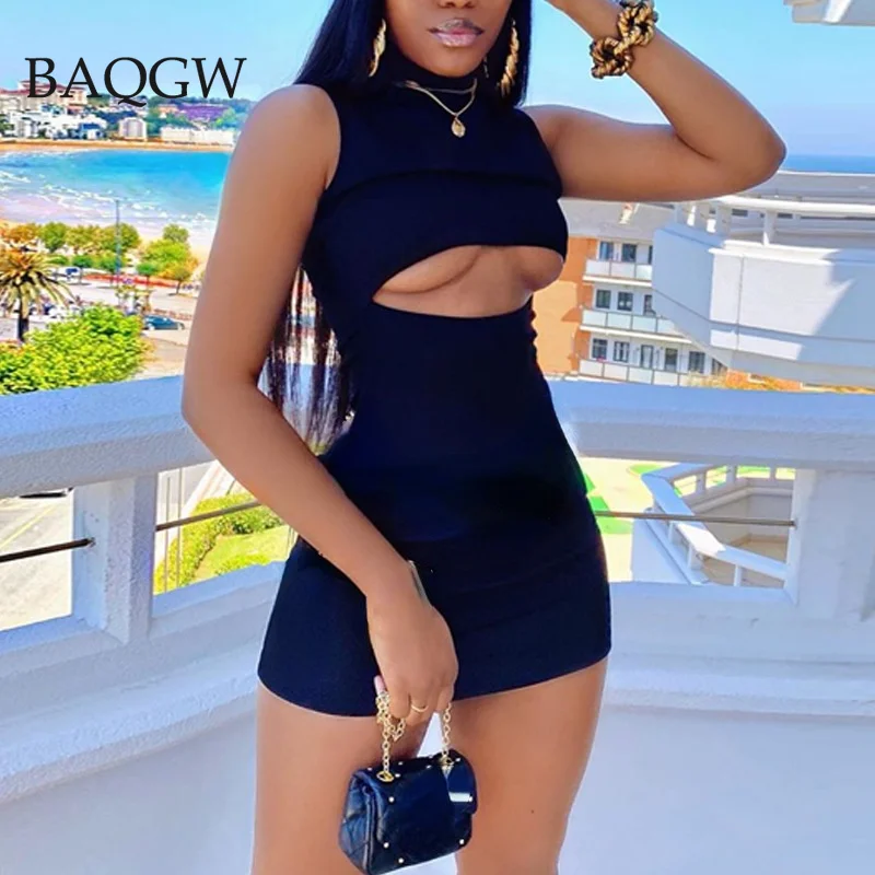 

Соблазнительное облегающее однотонное платье, женское летнее короткое платье-карандаш цвета хаки с высоким воротником, вечерние Клубные ажурные ребристые мини-платья без рукавов