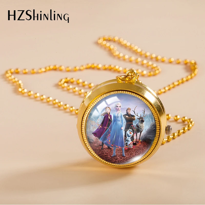 2021 New Arrival Frozen Movies Elsa and Anna Princess Handmade Glass Dome Round Pocket Watch Pendant Necklaces
