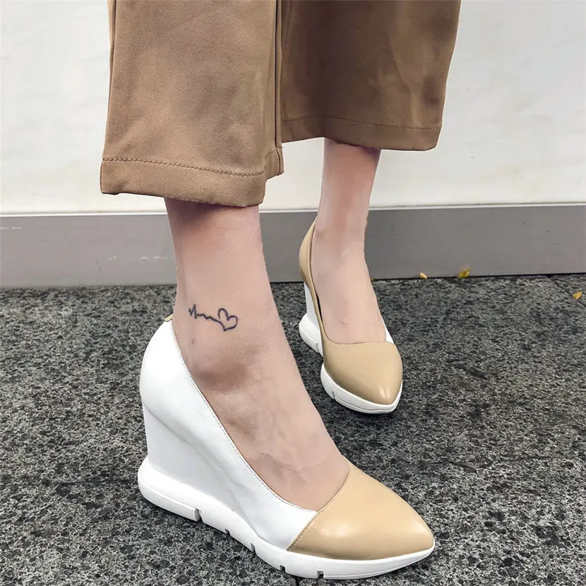 

2020 Fashion Sneakers Women Genuine Leather Wedges High Heel Pumps Shoes Female Pointed Toe Low Top Mary Jane shoes Casual Shoes