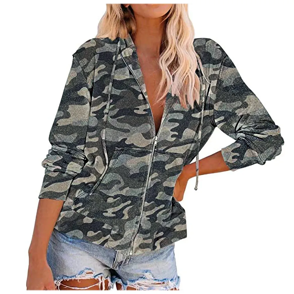 

Women Collar Long-sleeved Jacket Fashion Coat Print Stand Camouflage Casual Women's Coat