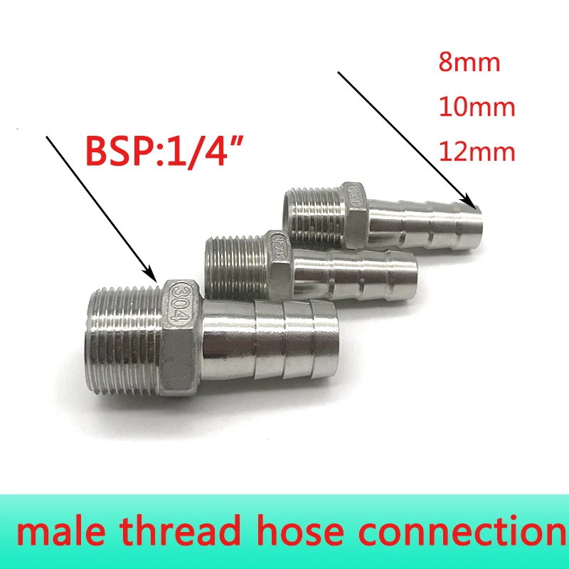 

1Pcs Stainless Steel Male BSP 1/4" Thread Pipe Fitting Barb Hose Tail Connector 8mm 10mm 12mm Tools Accessory