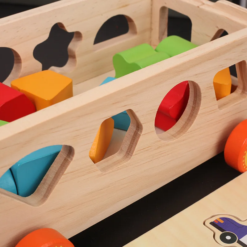 

Wooden Car Blocks Jigsaw Shape Digital Montessori Matching Game Building Blocks Toddler Drag Trailer Box Kids Education Toy Gift