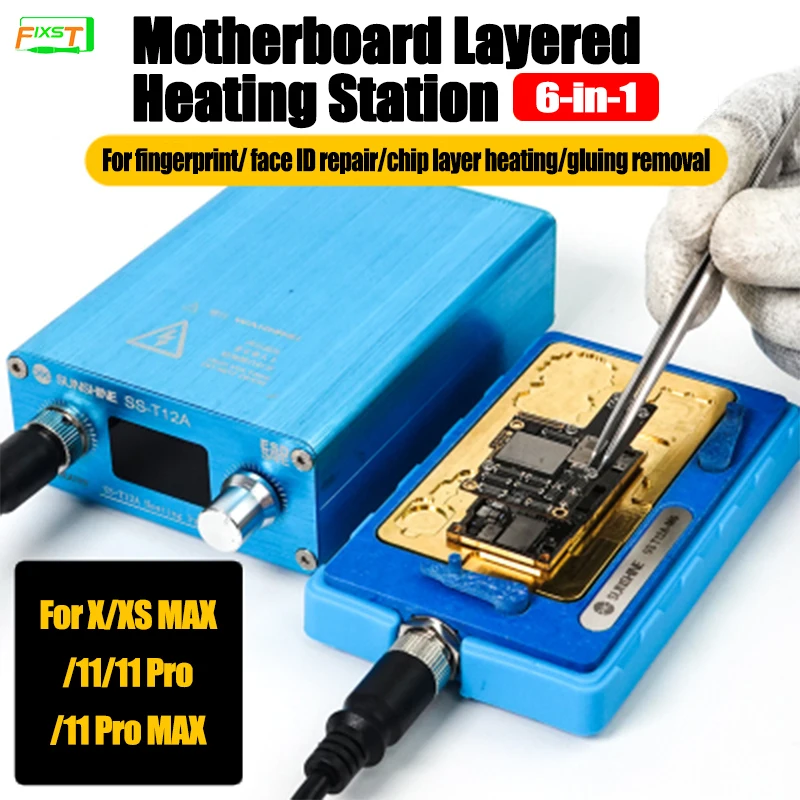 

SUNSHINE 6-in-1Mainboard Layered Heating Station for IPhone X-11 Pro MAX Desoldering NAND CPU Glue Removing Platform SS T12A-M6