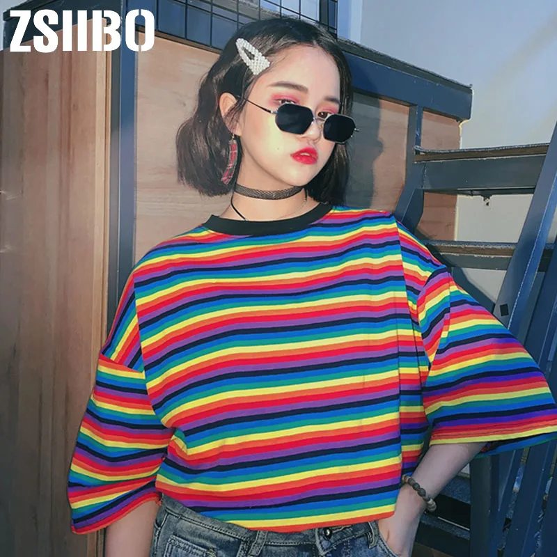 Женская футболка в Корейском стиле Харадзюку с милыми радужными полосками