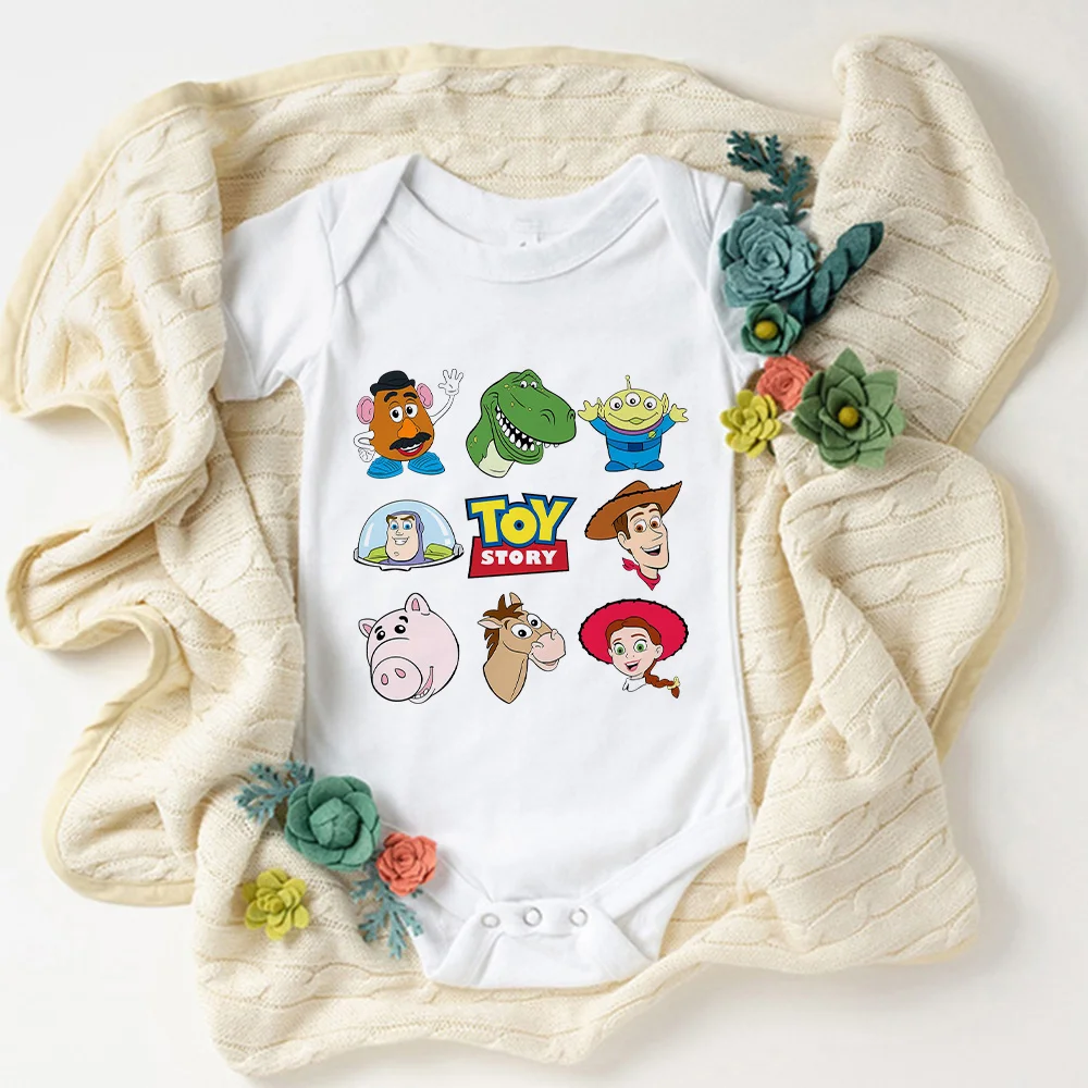 

Newborn Twin Baby Clothes Baby Girl Bodysuits Toy Story Print Summer Breathable White Onesie Toddler Boy Romper Twin Outfits
