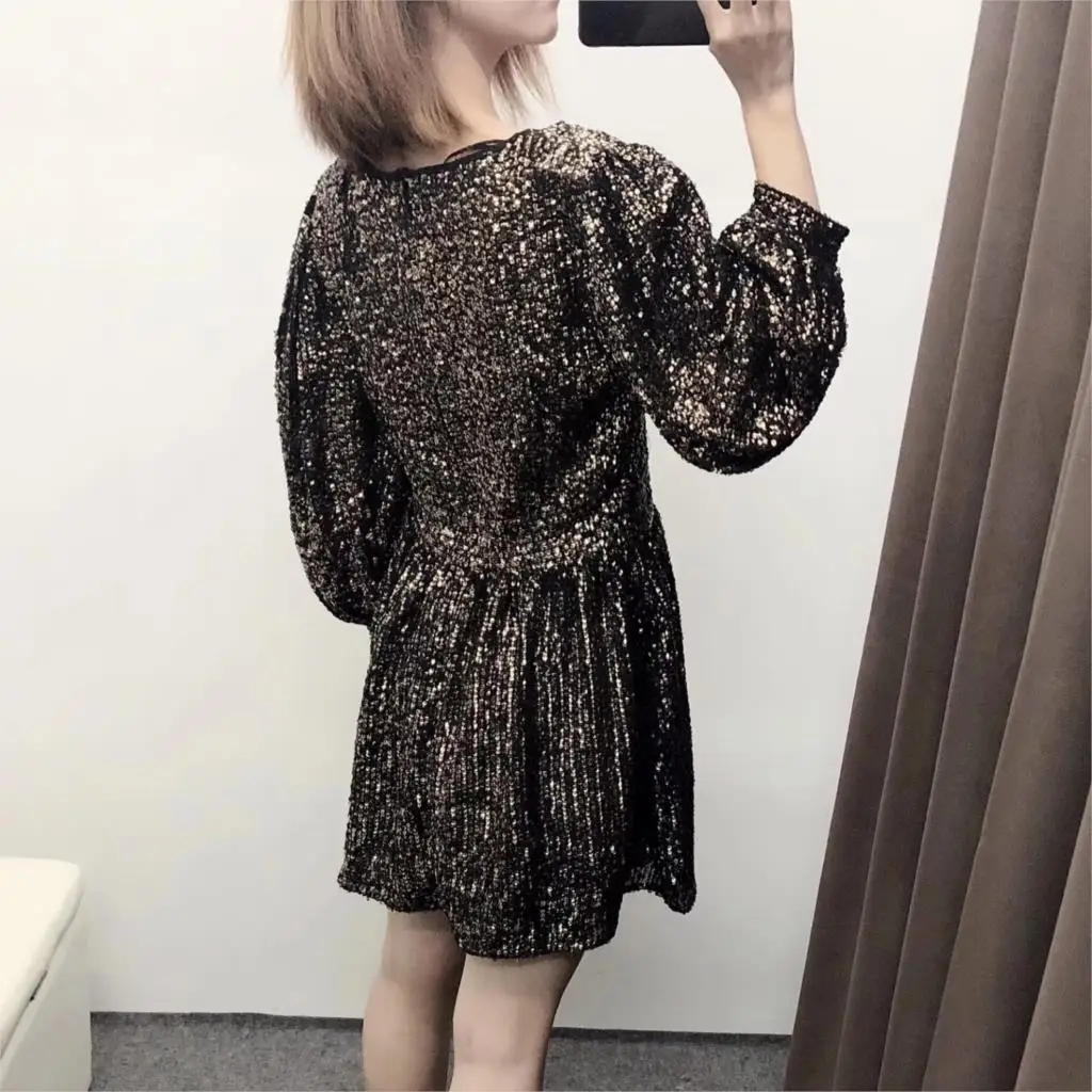 Уличное женское мини платье с блестками Vestidos длинным рукавом и высокой талией