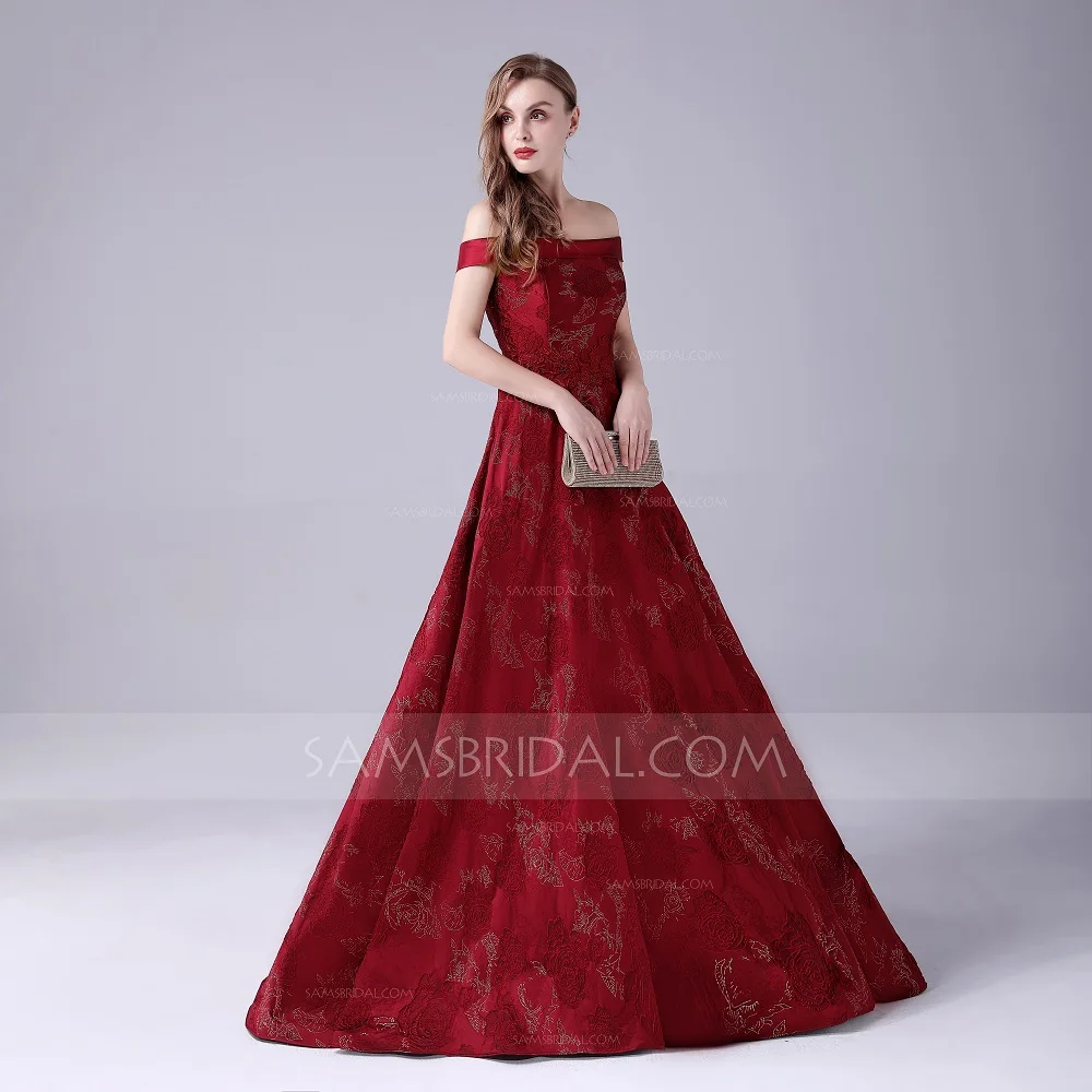 Ball Gown Off-the-shoulder Floor-length Polyester Evening Dress with Embroidery Pattern |