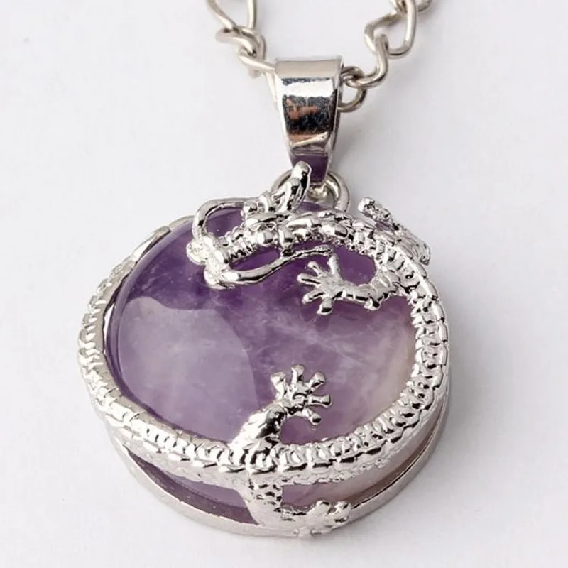 Amethyst Ожерелья, подвески женские натуральный камень, Фиолетовый Кристалл розовый с кварцевым тигровым глазом рок плоские круглые бусины Дракон фурнитура женские ювелирные изделия - Metal Color: Amethyst