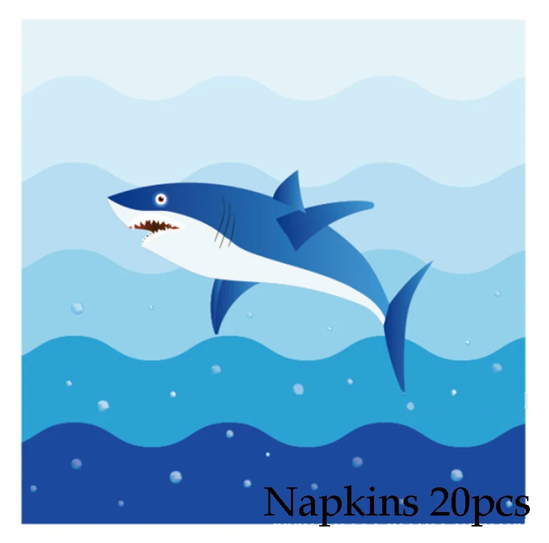 napkin 20pcs Вечерние одноразовые столовые приборы с рисунком акулы из мультфильма, бумажная тарелка, салфетка для чашек, детский душ, детские принадлежности для дня рождения, Декор - Цвет: napkin 20pcs