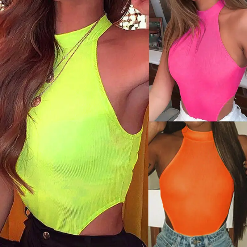 Женский трикотажный Облегающий комбинезон неонового цвета облегающий короткий