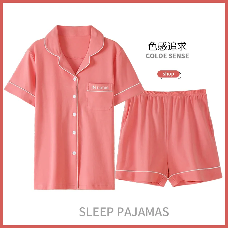 

Summer Pajamas Suit Cotton Ladies Solid Color Simple Sleepwear Short-Sleeved Shirt Shorts Pyjamas Women Nightwear Pijamas Set