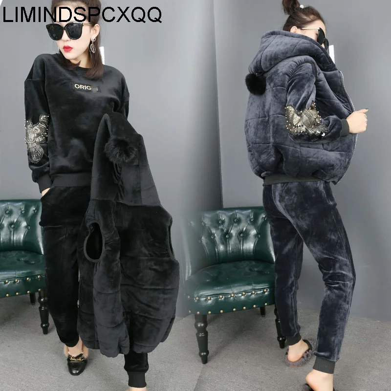 

Winter Thick Velour Womens Three Piece Sets Warm Hoodie Sweatshirt+Pant+Jacket Casual Jogger Running Outfit Sportswear Tracksuit