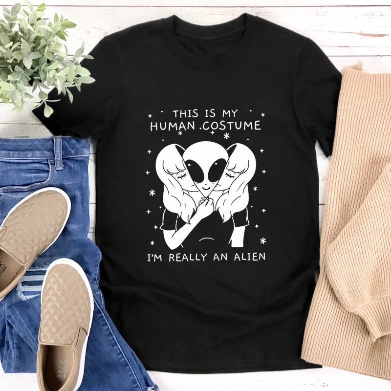 

This Is My Human Costume I'm Really An Alien T-shirt Funny Alien Believer Graphic Tee Shirt Top Spooky UFO Lover Gift Tshirt