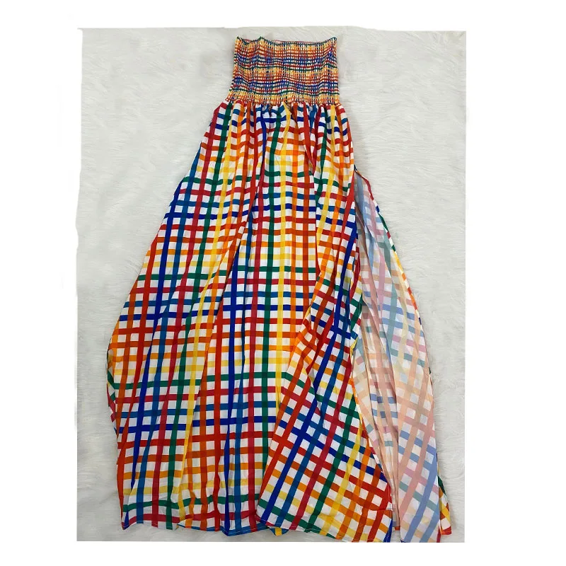 Женское шифоновое платье в клетку с разрезом без бретелек|Женские платья| |