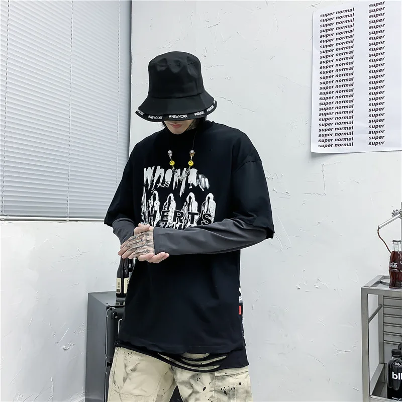 Мужская футболка в стиле хип-хоп Лоскутная с длинным рукавом круглым вырезом