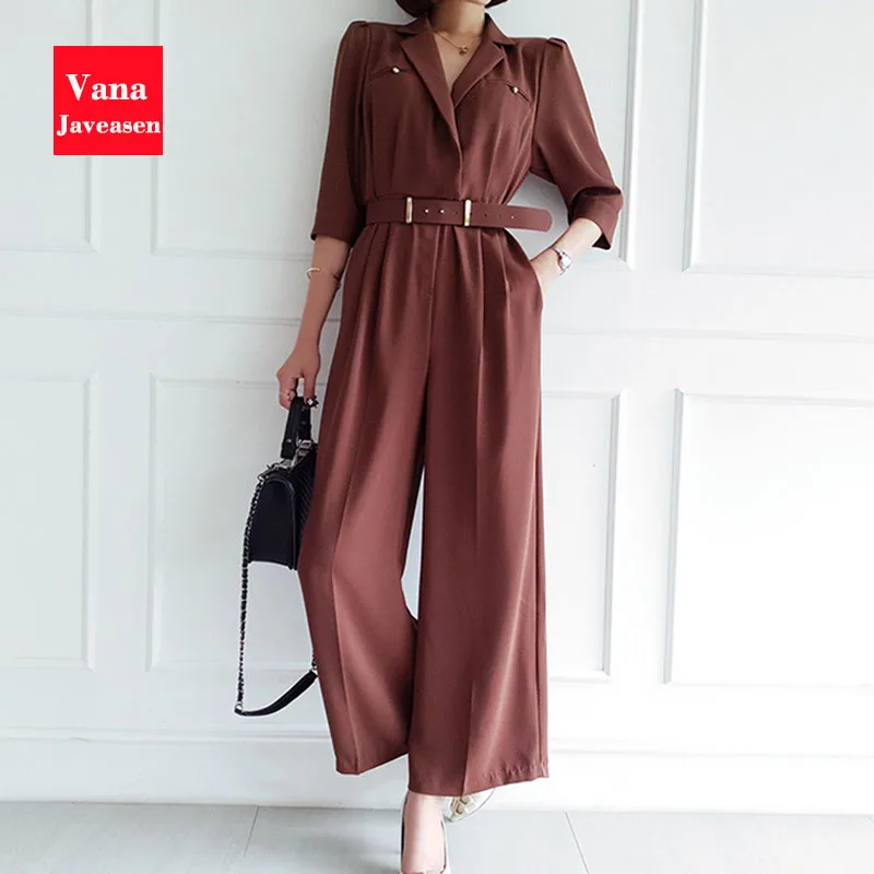 Женский офисный комбинезон с пятью точками коричневый Облегающий широкими