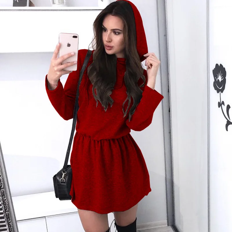 Red Новое Осеннее трикотажное платье с длинным рукавом и капюшоном, женские облегающие вечерние платья трапециевидной формы с эластичной талией, модное однотонное зимнее мини-платье Vestidos - Цвет: Red