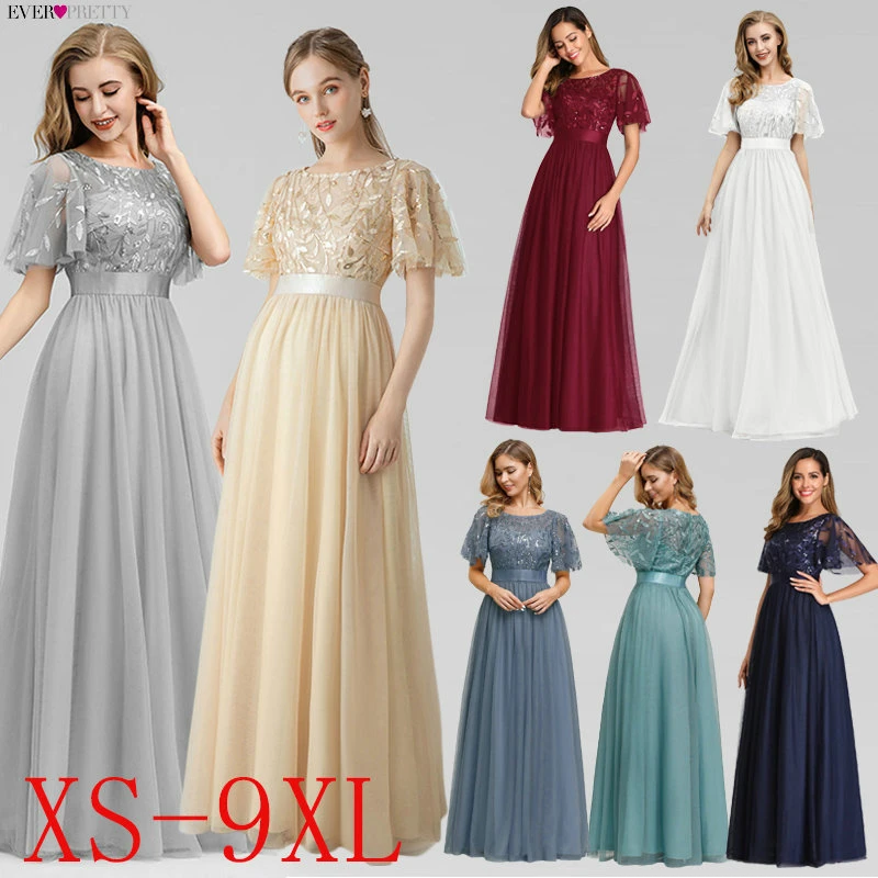 Robe De Soiree блестящие вечерние платья Длинные Ever Pretty EP00904GY A-Line o-образным вырезом с коротким рукавом Вечерние платья женские элегантные платья