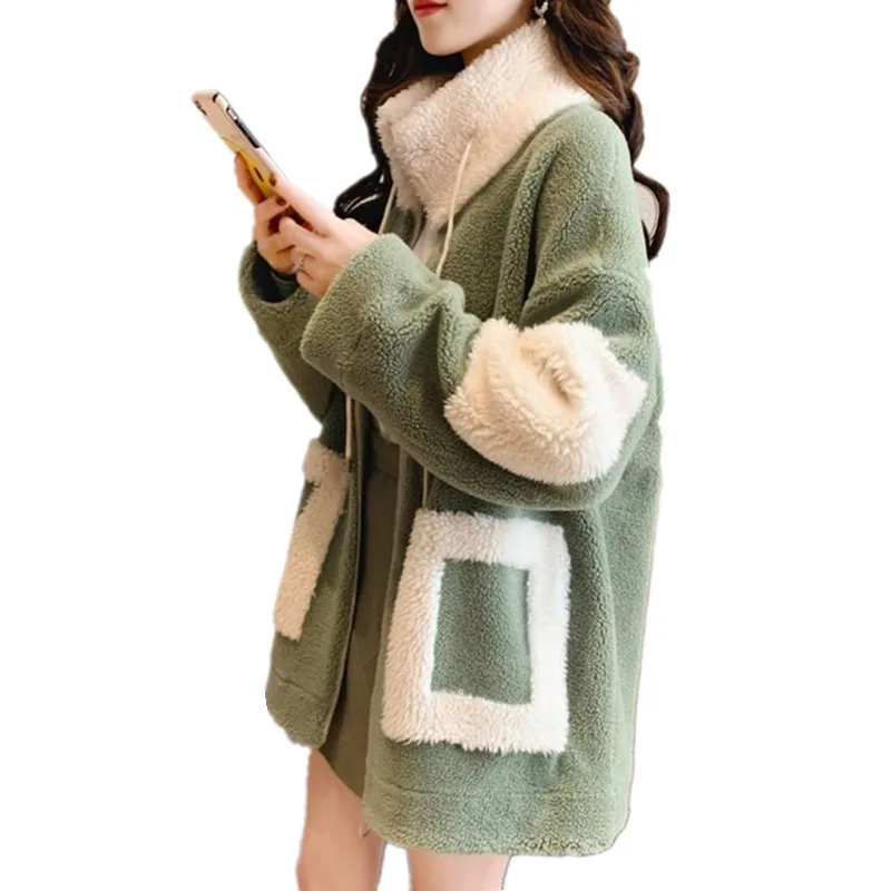 

Winter Women Lambs Wool Coat Stand Collar Long Sleeve Patchwork Pocket Loose Coat