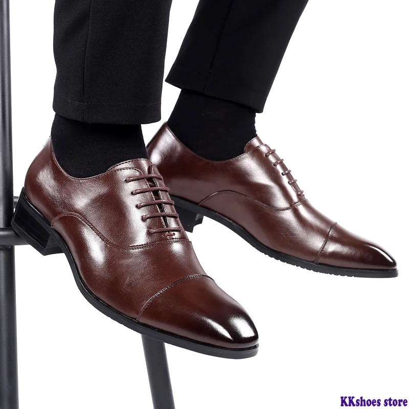 

Cap-toe Classic Men Dress Shoes Wing-tip Derby PU Leather Big Size 38-46 3.5CM Heel Elegant Suit Business Formal Oxfords