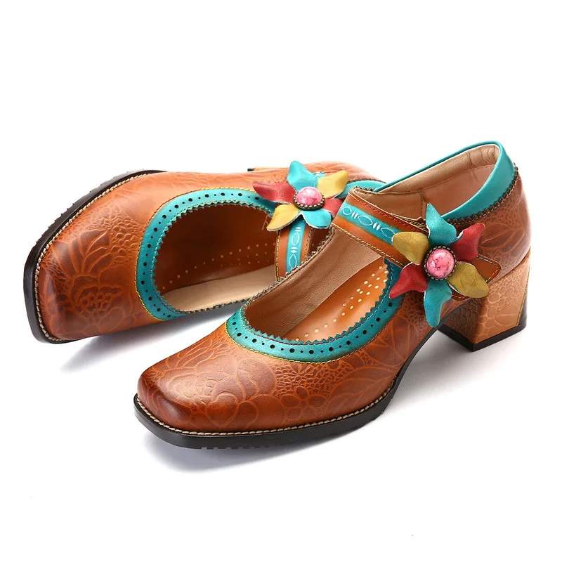 Colorful Women Pumps Breathable Stitching Painted Flower Genuine Leather Buckle Strap 3-5CM Square High heels Women Shoes