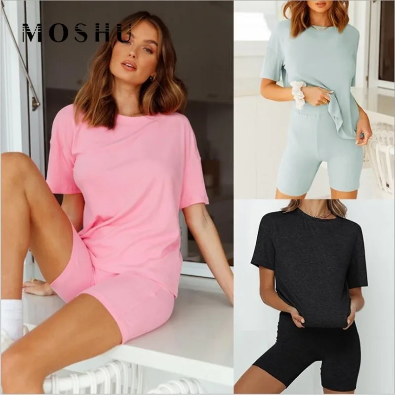 

Sporty Shorts Set 2 Pieces Sets Summer Outfits Women Casual Short Sleeve Tracksuit T-Shirt Suits Female Loungwear 2021