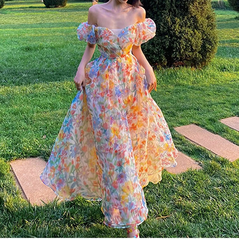 

Elegant Retro Women's Short-sleeved Dress Floral Fashion Design Beach Suspender Dress Office Ladies One-piece Dress Korean Dress