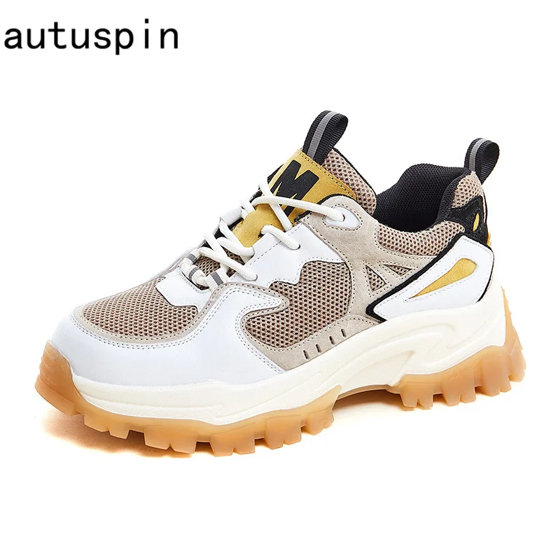 

Женские кроссовки на платформе Autuspin, Повседневные Дышащие Мягкие сетчатые туфли из натуральной кожи, на шнуровке, разные цвета, для зимы