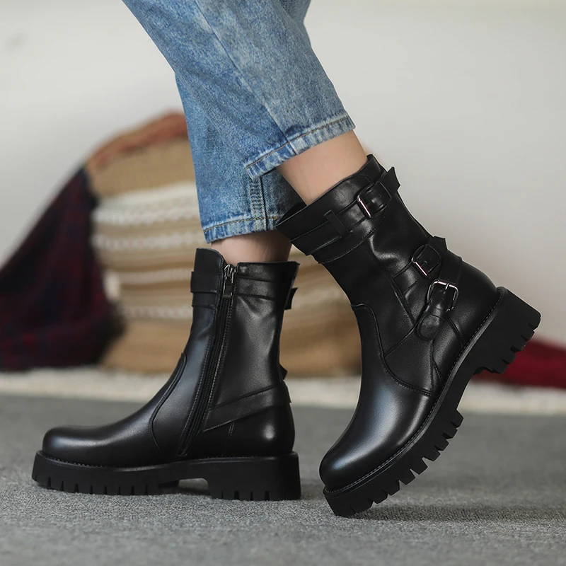 Ботинки женские из натуральной кожи на среднем каблуке Осень-зима | Обувь