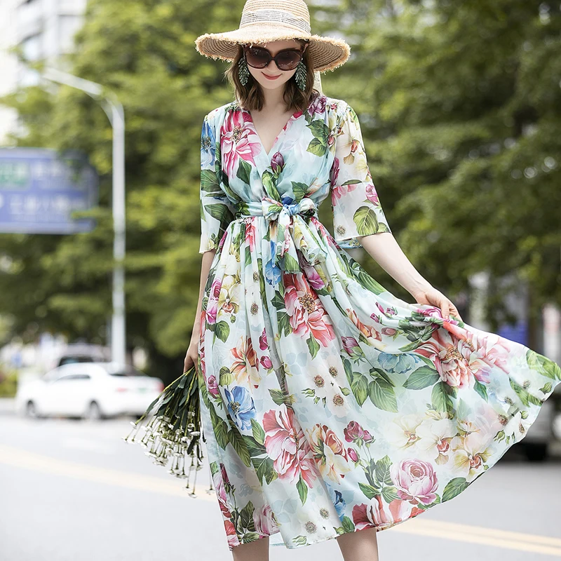 

Chiffon Summer Dress Women Flare Sleeve V-Neck Beach Boho Long Maxi Dress Floral Print Belted Vintage Party Dresses High Quality